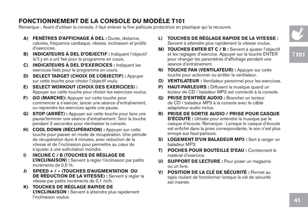 Horizon Fitness CT7.1 Fonctionnement DE LA Console DU Modèle T101, Ventilateur Ventilateur personnel pour les exercices 