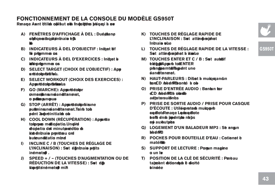 Horizon Fitness T103, GS950T, CT7.1, T102 owner manual Touches DE Réglage Rapide DE LA Vitesse 