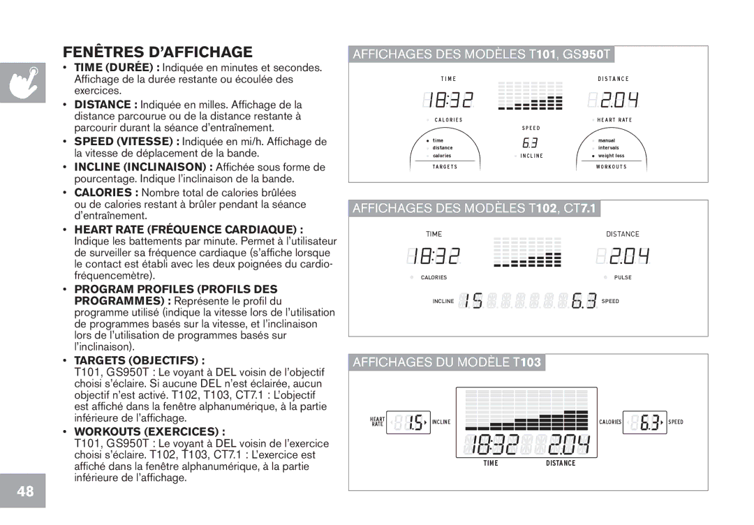 Horizon Fitness GS950T, CT7.1, T102, T103 owner manual Fenêtres D’AFFICHAGE, Targets Objectifs, Workouts Exercices 