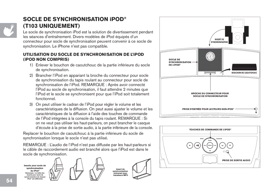 Horizon Fitness T102, GS950T, CT7.1 owner manual Socle DE Synchronisation iPOD T103 Uniquement 