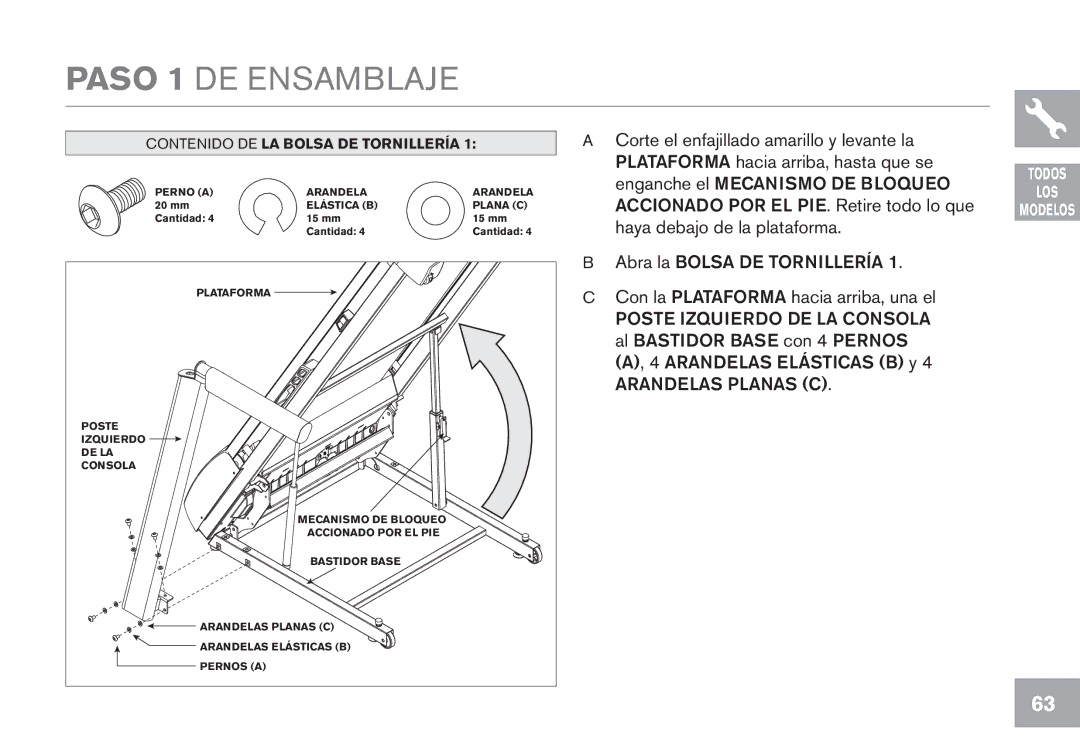 Horizon Fitness T103, GS950T, CT7.1, T102 owner manual Paso 1 DE Ensamblaje, Contenido DE LA Bolsa DE Tornillería 