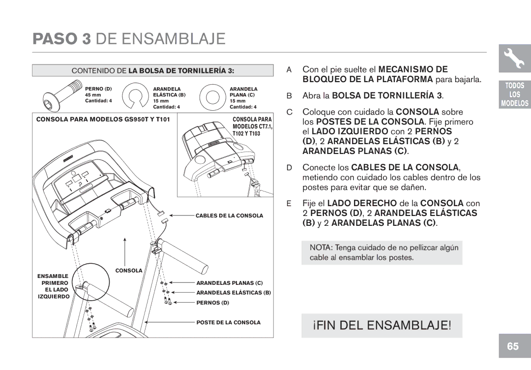 Horizon Fitness CT7.1, GS950T owner manual Paso 3 DE Ensamblaje, T102 y T103 