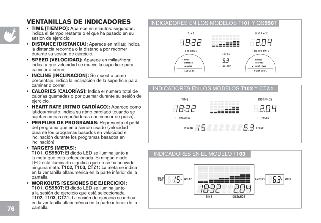 Horizon Fitness GS950T, CT7.1, T102, T103 owner manual Ventanillas de indicadores, Workouts Sesiones de ejercicio 