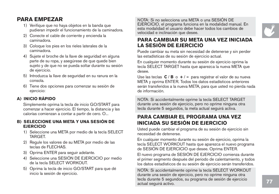 Horizon Fitness CT7.1, GS950T, T102, T103 Para Empezar, Inicio Rápido, Seleccione UNA Meta Y UNA Sesión DE Ejercicio 