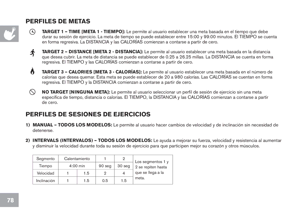 Horizon Fitness T102, GS950T, CT7.1, T103 owner manual Perfiles DE Metas, Perfiles DE Sesiones DE Ejercicios 