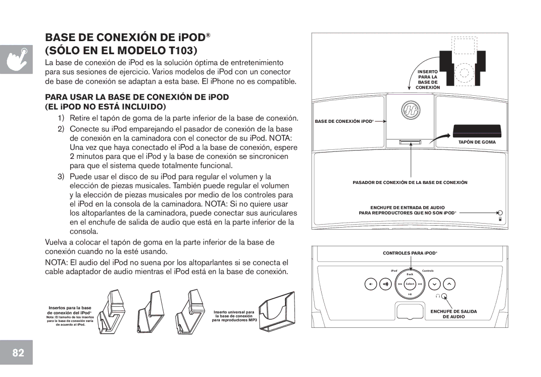 Horizon Fitness T102, GS950T, CT7.1 owner manual Base DE Conexión DE iPOD Sólo EN EL Modelo T103, De conexión del iPod 