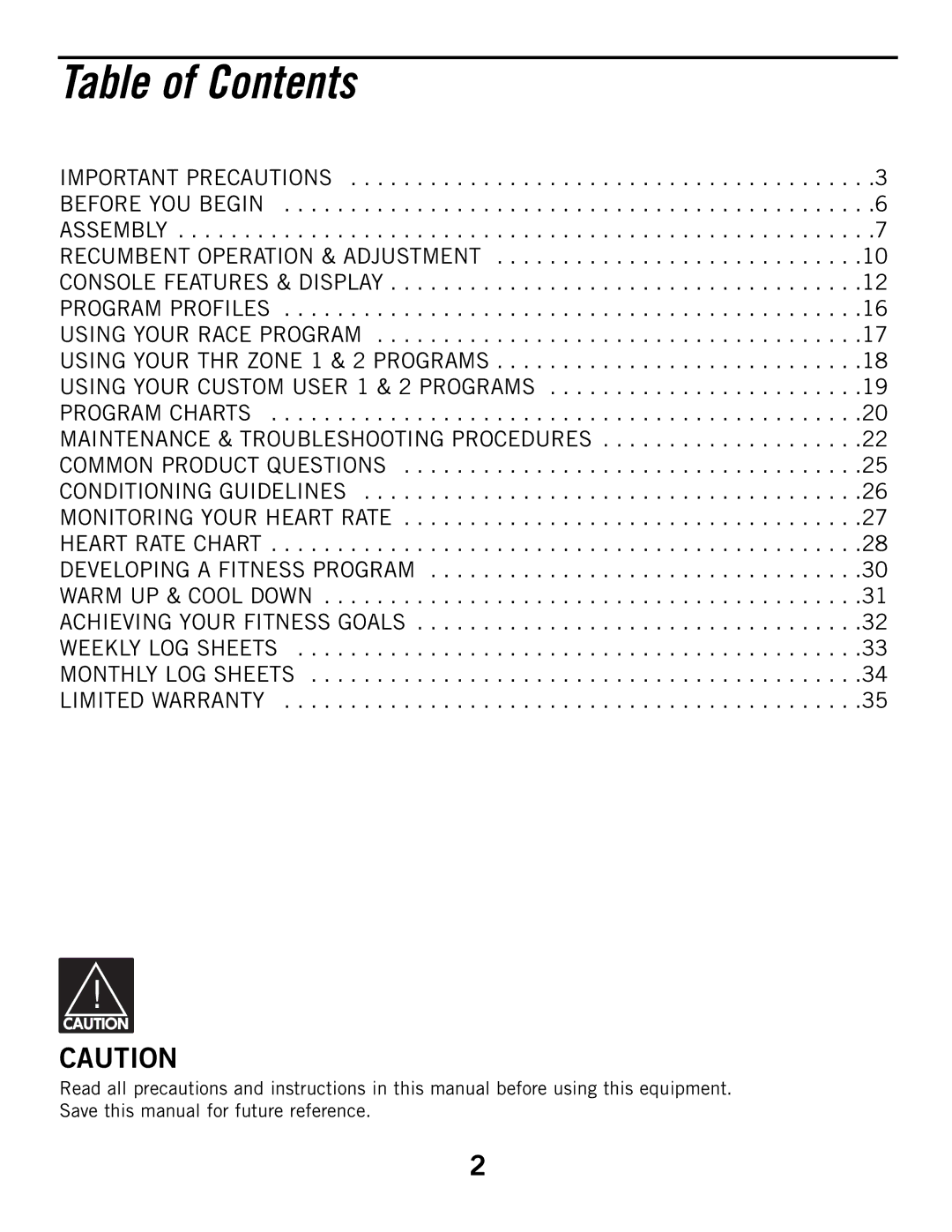 Horizon Fitness HZ, R52HR manual Table of Contents 