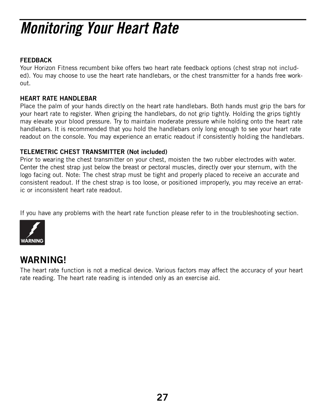 Horizon Fitness R52HR, HZ manual Monitoring Your Heart Rate, Feedback, Heart Rate Handlebar 