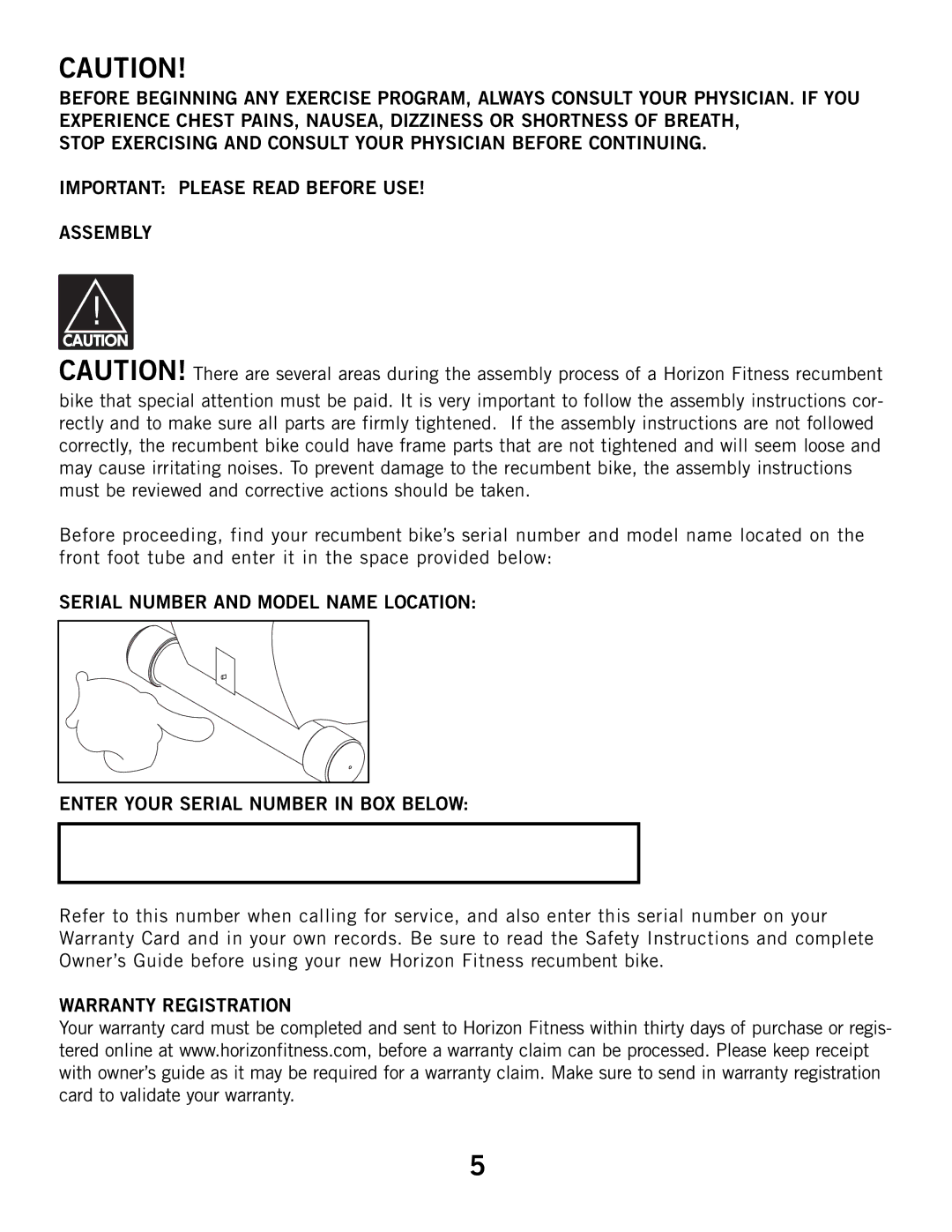 Horizon Fitness R52HR, HZ manual Warranty Registration 