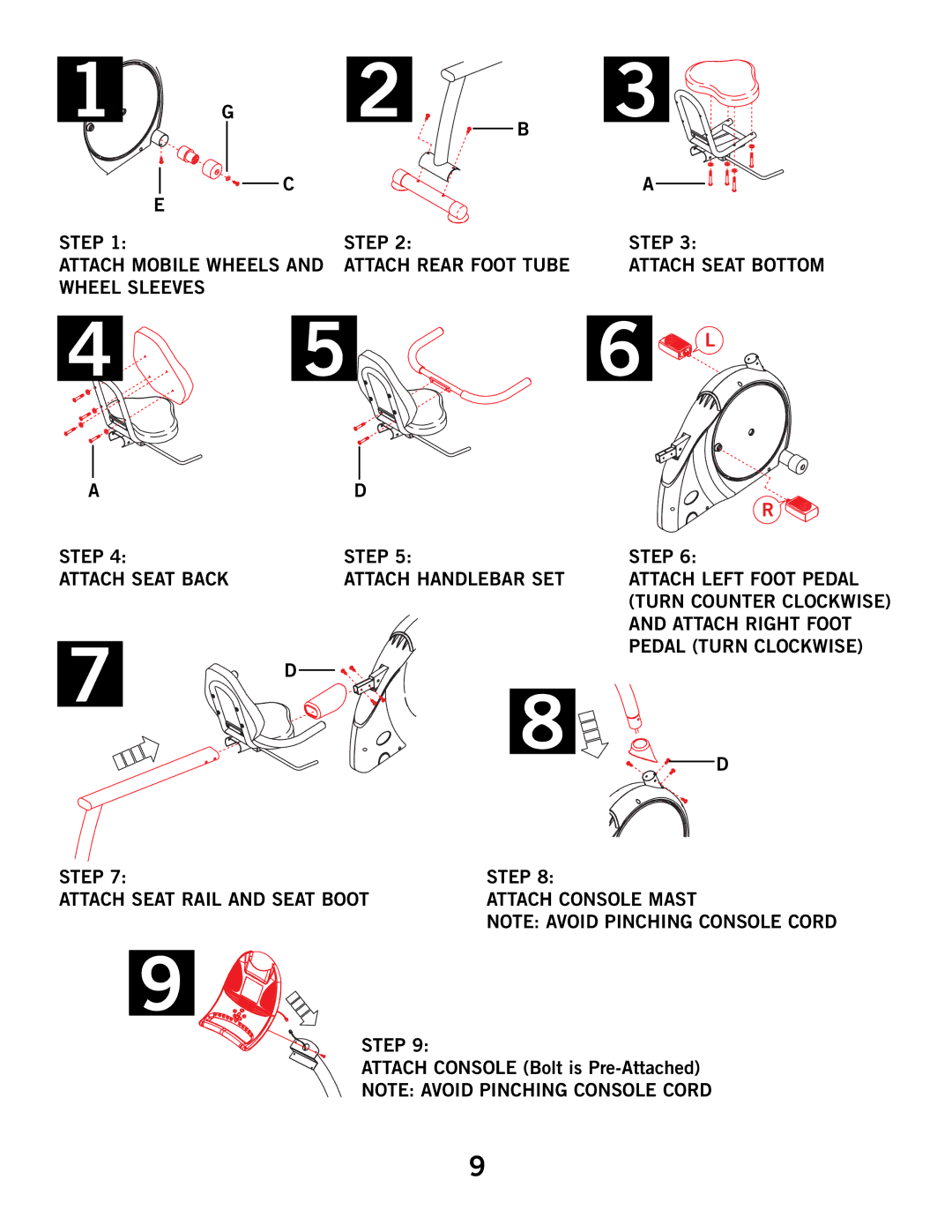 Horizon Fitness R52HR, HZ manual Step Attach Mobile Wheels Attach Rear Foot Tube, Attach Right Foot, Pedal Turn Clockwise 