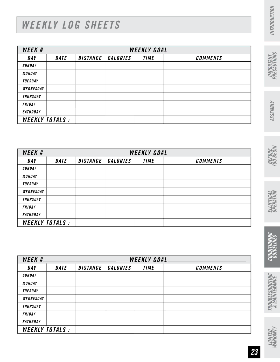 Horizon Fitness LS 625E manual Weekly LOG Sheets, Weekly Totals 