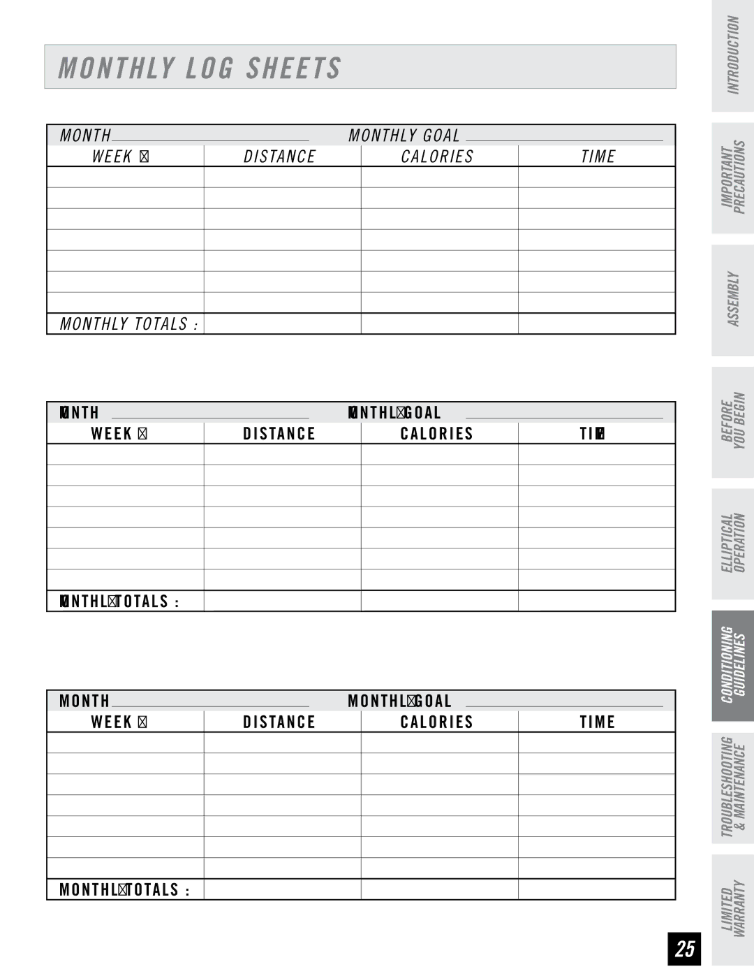 Horizon Fitness LS 625E manual Monthly LOG Sheets, Week # Distance Calories Time Monthly Totals 