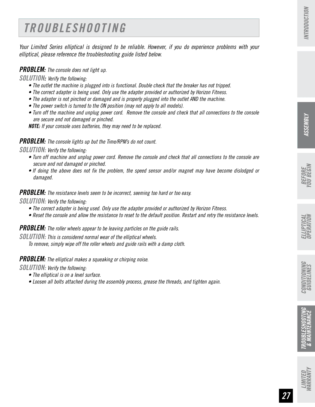 Horizon Fitness LS 625E manual Troubleshooting 