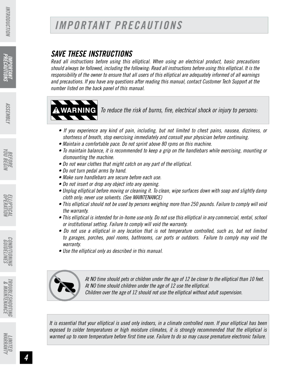 Horizon Fitness LS 625E manual Important Precautions 