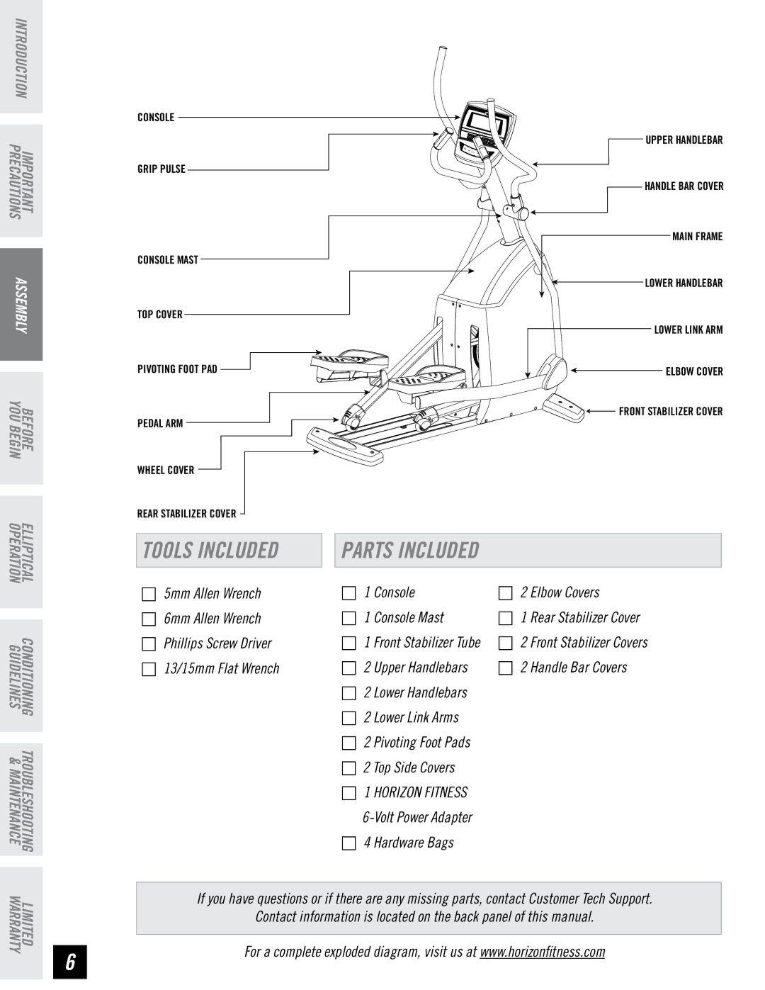 Horizon Fitness LS 625E manual Parts Included, Conditioning Troubleshooting Guidelines & Maintenance 