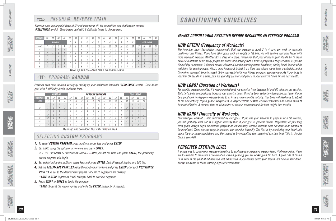 Horizon Fitness LS 635E manual Conditioning Guidelines, O G R a M Reverse Train, Program Random, Selecting Custom Programs 