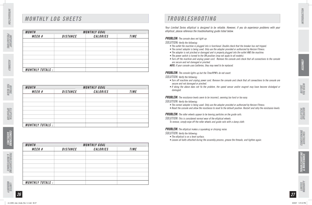 Horizon Fitness LS 635E manual Monthly LOG Sheets, Troubleshooting, Week # Distance Calories Time Monthly Totals 