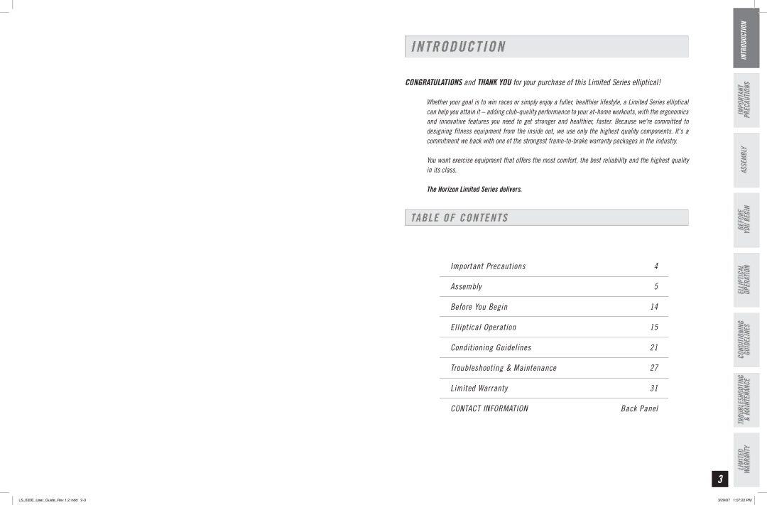 Horizon Fitness LS 635E manual T R O D U C T I O N, Table of Contents 