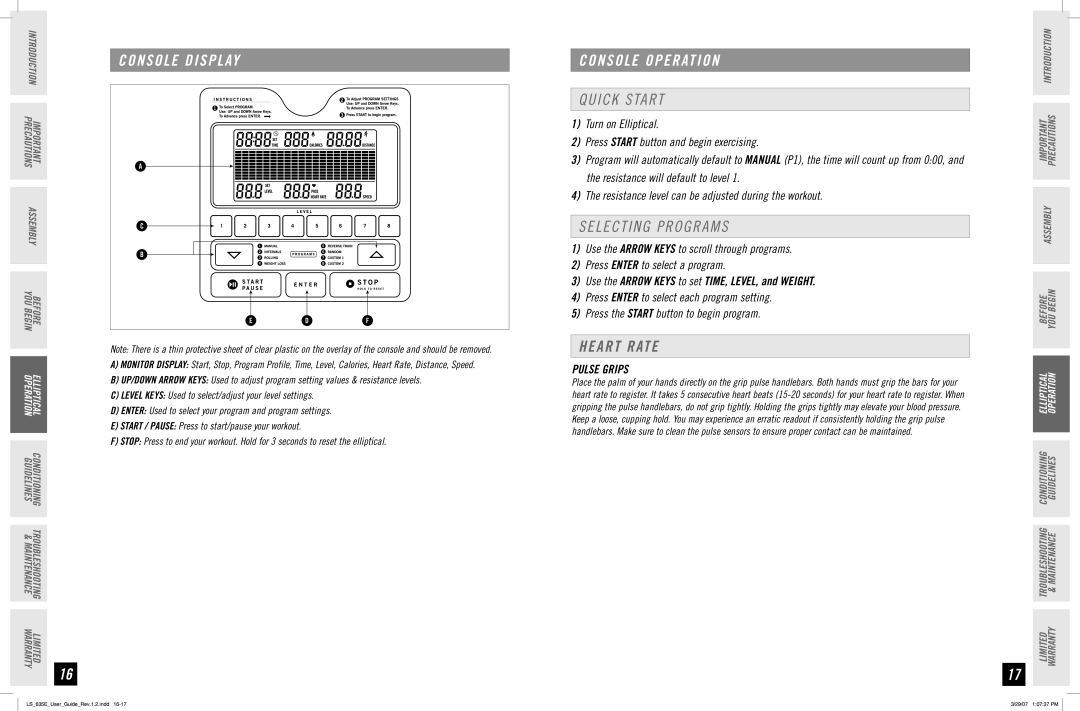 Horizon Fitness LS 635E manual Quick Start, Selecting Programs, Heart Rate, Pulse Grips 