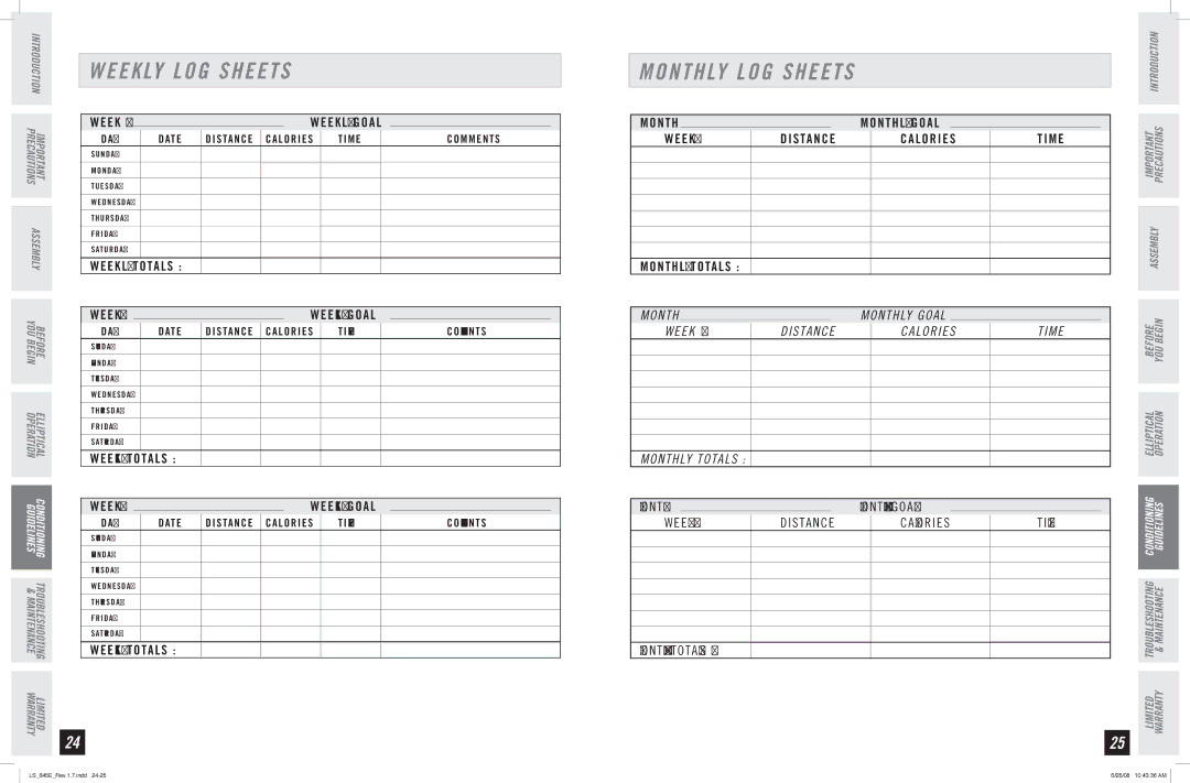 Horizon Fitness LS 645E manual Monthly LOG Sheets, Week # Distance Calories Time 