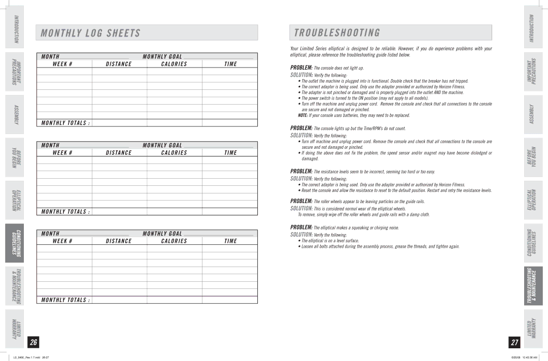 Horizon Fitness LS 645E manual Troubleshooting, Week # Distance Calories Time Monthly Totals 