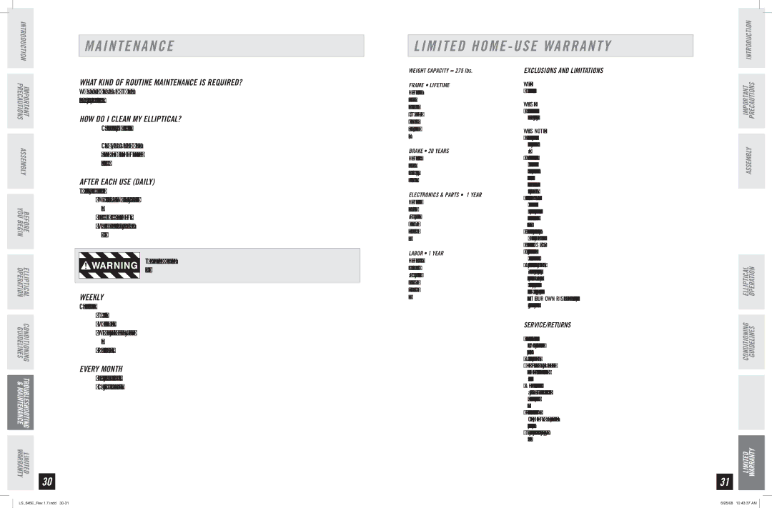 Horizon Fitness LS 645E manual Maintenance Limited Home USE Warranty 