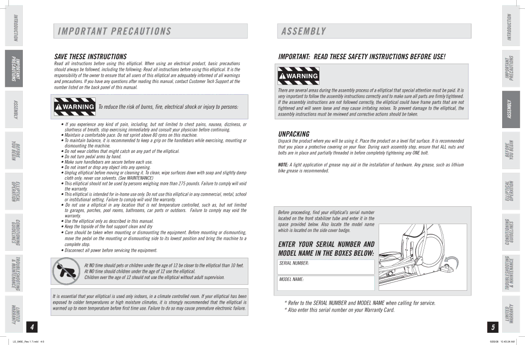 Horizon Fitness LS 645E manual Important Precautions, Assembly, Unpacking 