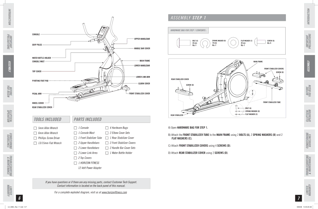 Horizon Fitness LS 645E manual S E M B LY Step, Tools Included, Parts Included 