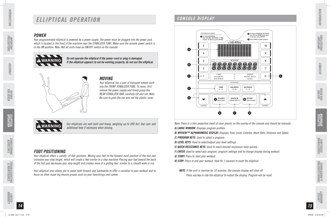Horizon Fitness LS 645E manual Elliptical Operation, Power, Moving, Foot Positioning, Console Display 