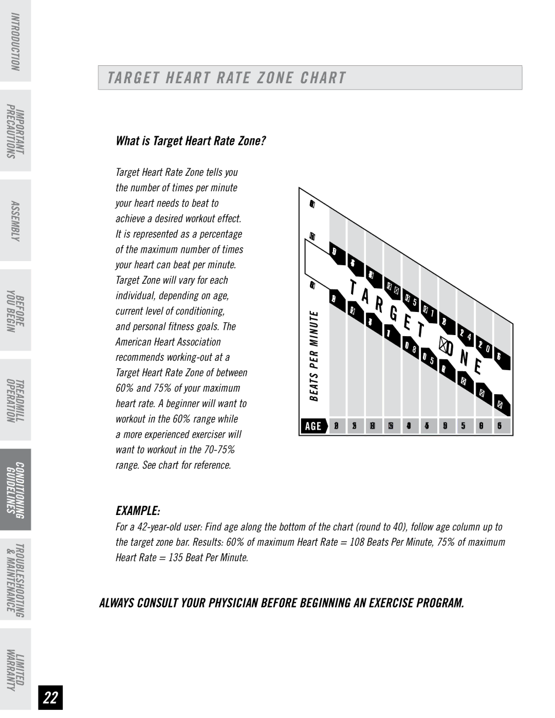 Horizon Fitness LS 925T manual Target Heart Rate Zone Chart, Example 