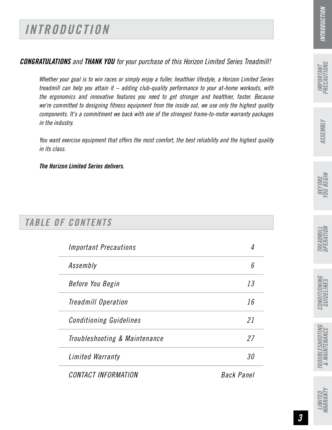 Horizon Fitness LS 925T manual T R O D U C T I O N, Table of Contents 