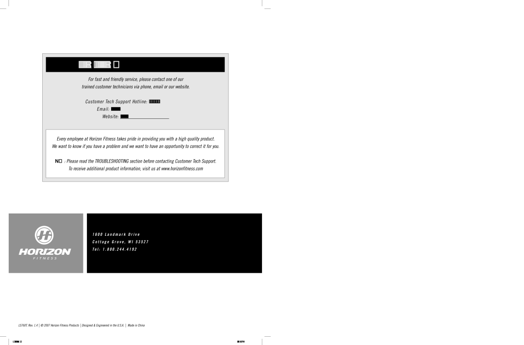 Horizon Fitness LS760T manual Customer Tech Support 