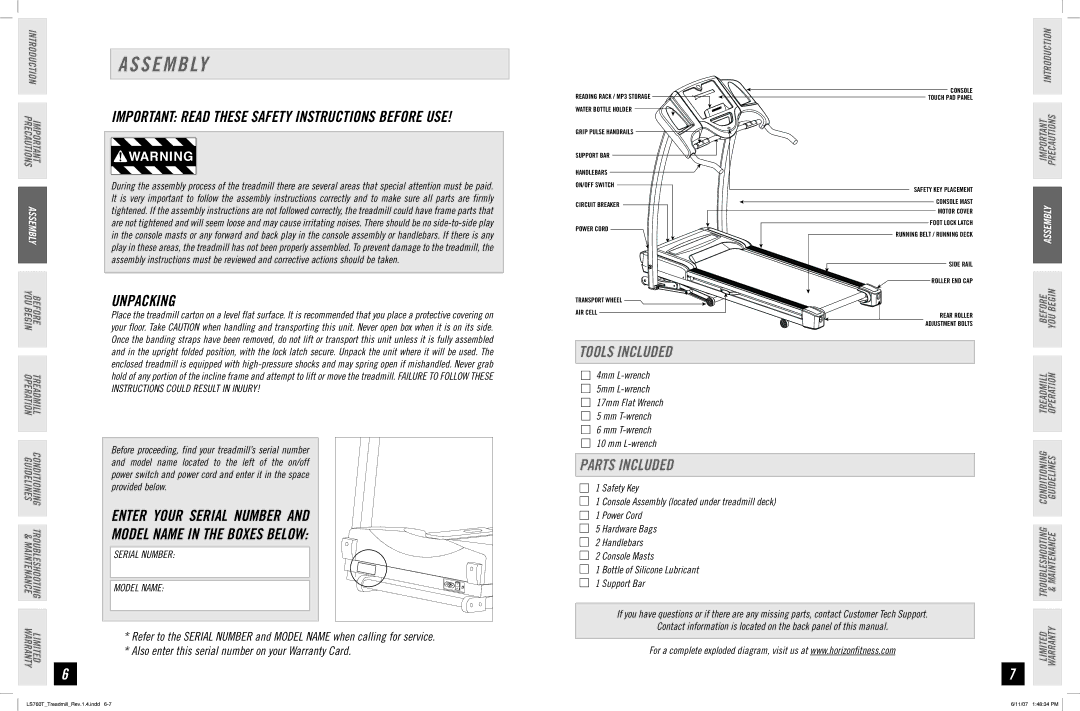 Horizon Fitness LS760T manual S E M B Ly, Unpacking, Tools Included, Parts Included, Mm T-wrench Mm L-wrench 