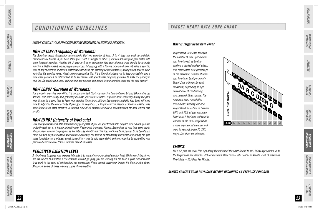 Horizon Fitness LS780T manual Conditioning Guidelines, Target Heart Rate Zone Chart, Perceived Exertion Level, Example 