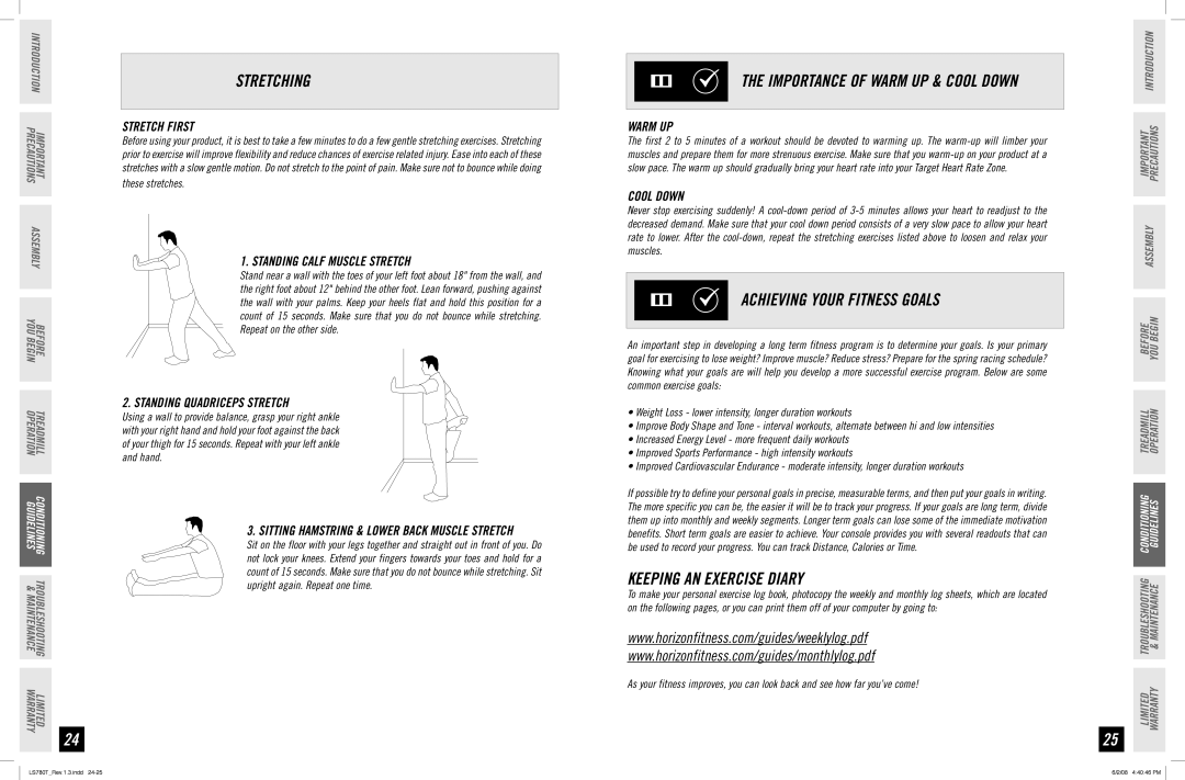 Horizon Fitness LS780T manual Stretching, P S Achieving Your Fitness Goals, Keeping AN Exercise Diary 