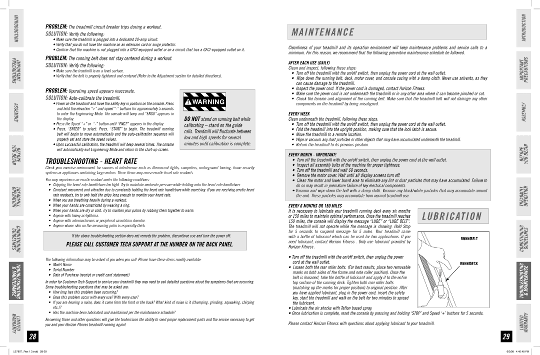 Horizon Fitness LS780T manual I N T E N a N C E, B R I C At I O N, Troubleshooting Heart Rate 