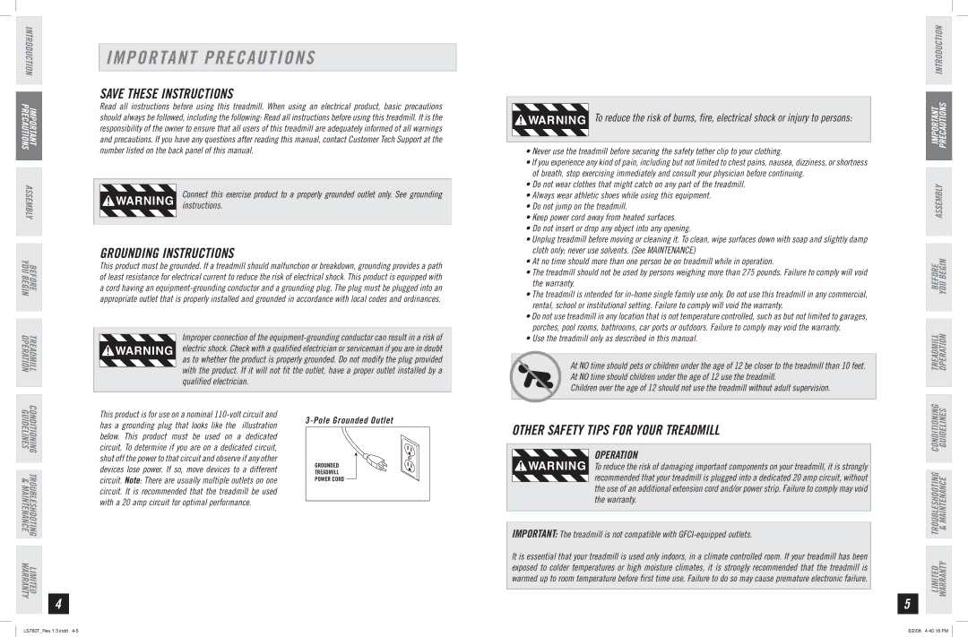 Horizon Fitness LS780T manual Important Precautions, Grounding Instructions, Operation 