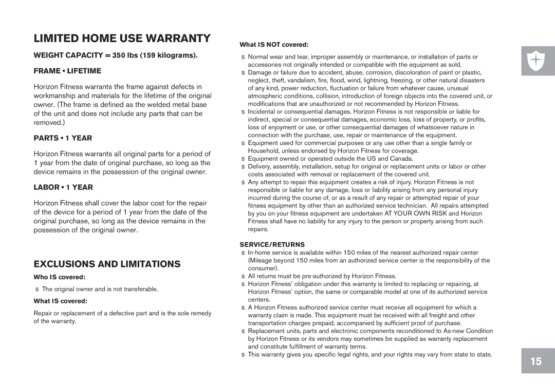 Horizon Fitness P8000 owner manual Limited Home USE Warranty, Frame Lifetime 