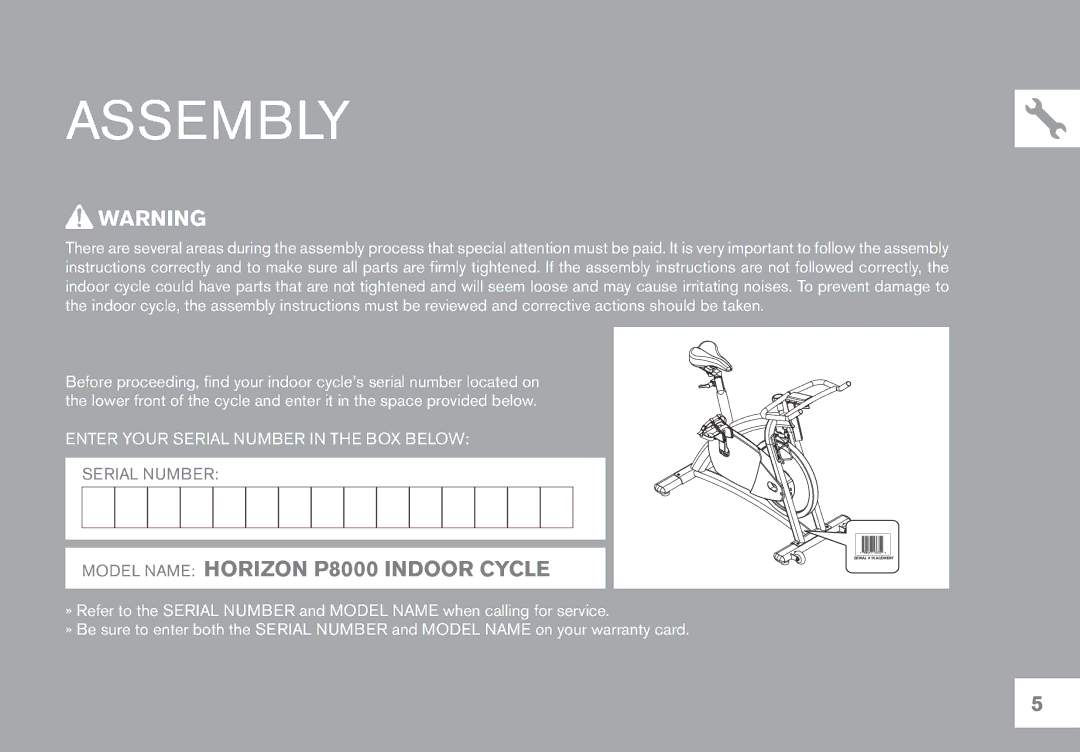 Horizon Fitness P8000 owner manual Assembly 