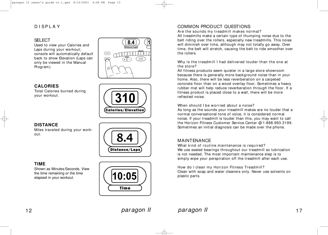 Horizon Fitness PARAGON II manual S P L a Y Select, Common Product Questions, Maintenance 