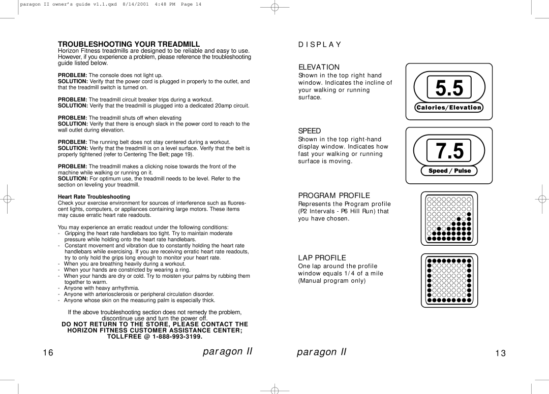 Horizon Fitness PARAGON II manual S P L a Y Elevation, Speed, Program Profile, LAP Profile 