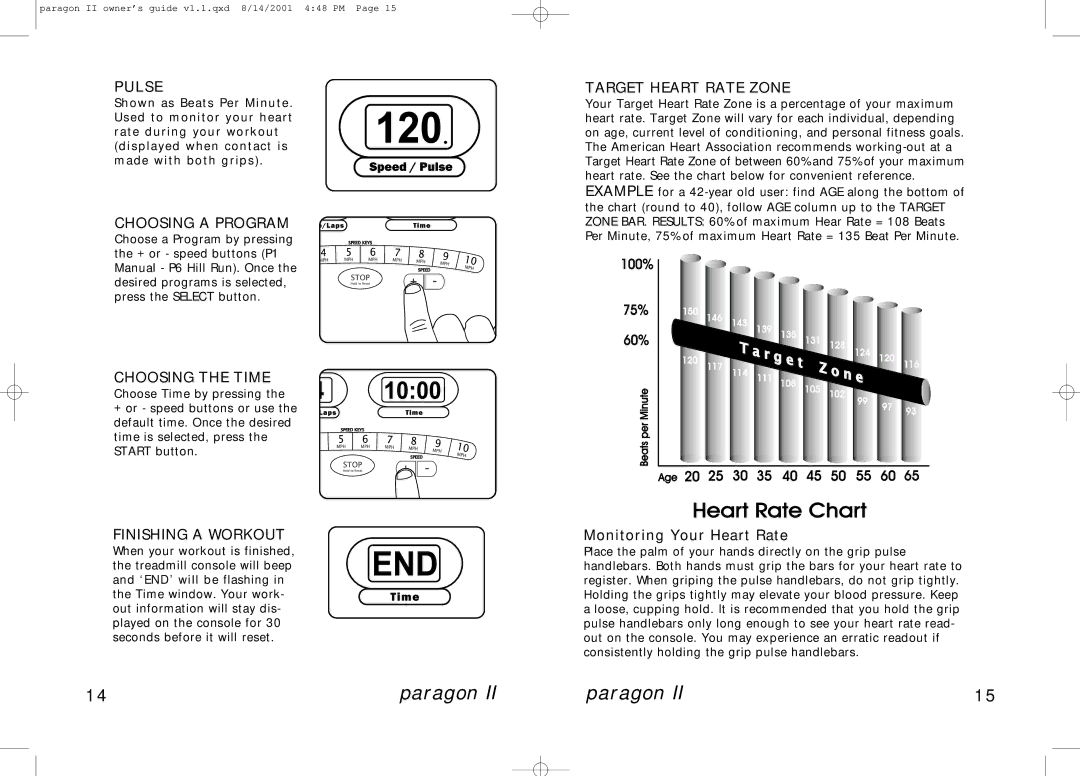 Horizon Fitness PARAGON II manual Pulse, Choosing a Program, Choosing the Time, Finishing a Workout, Target Heart Rate Zone 