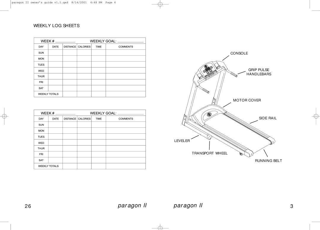 Horizon Fitness PARAGON II manual Weekly LOG Sheets 