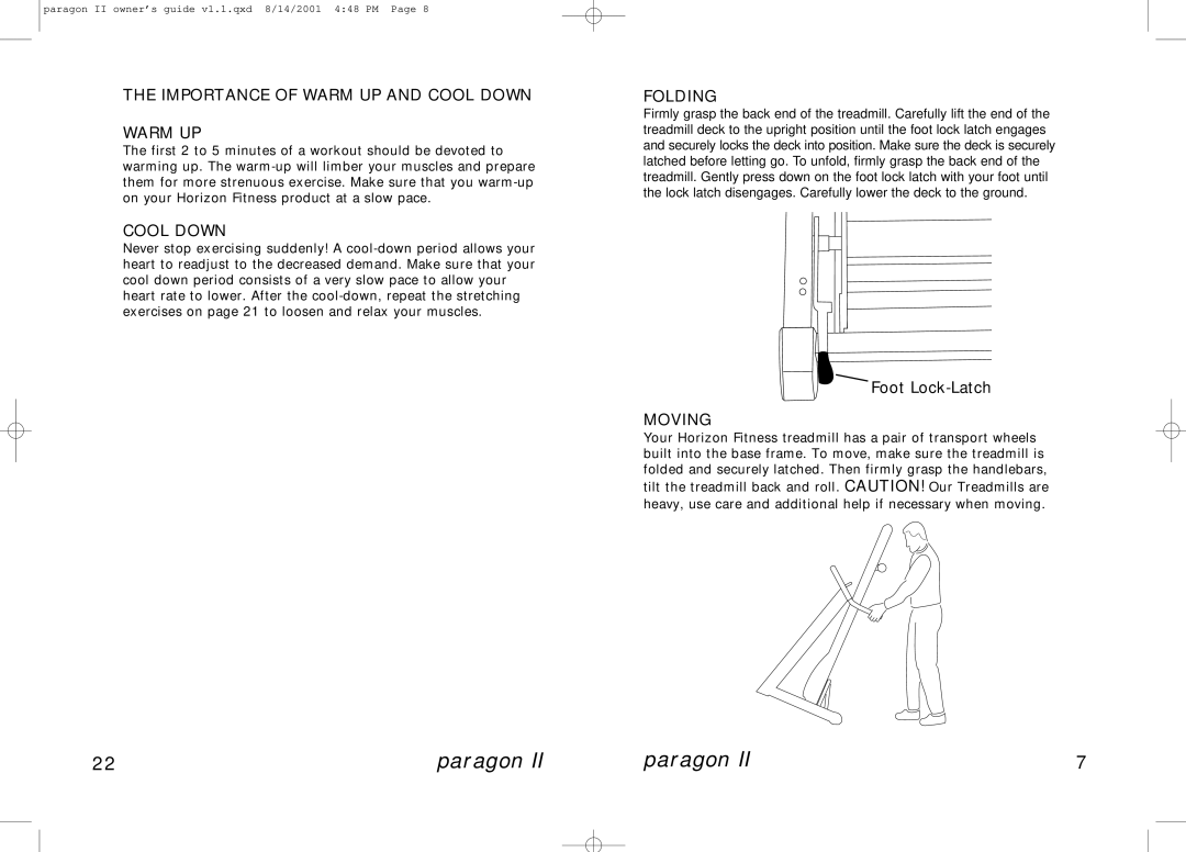 Horizon Fitness PARAGON II manual Importance of Warm UP and Cool Down, Folding, Moving 