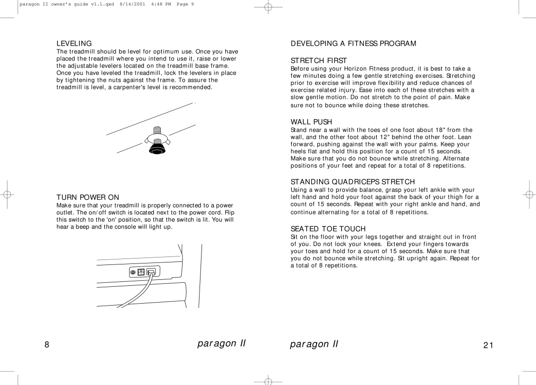 Horizon Fitness PARAGON II manual Leveling, Turn Power on, Developing a Fitness Program Stretch First, Wall Push 