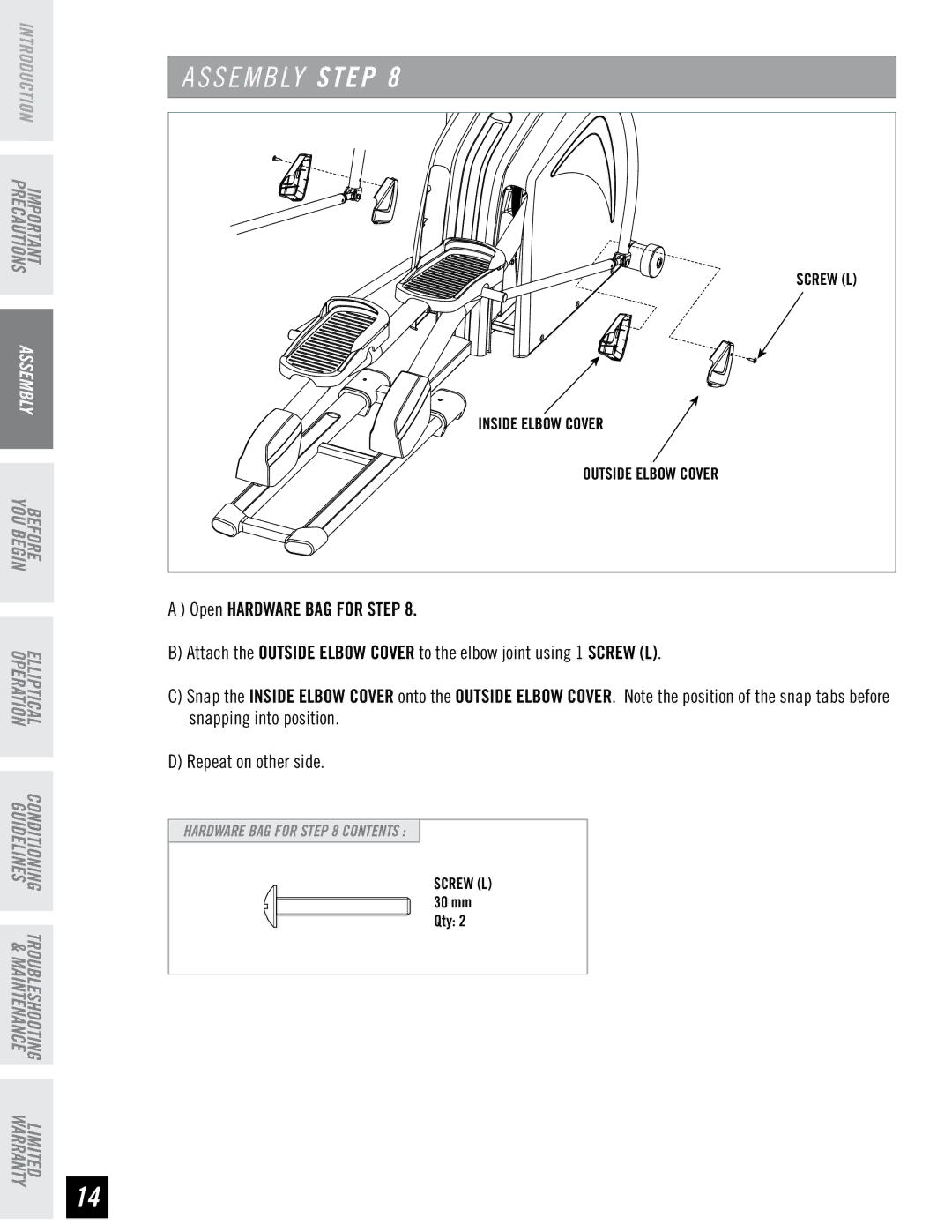 Horizon Fitness PSE7 manual Inside Elbow Cover 