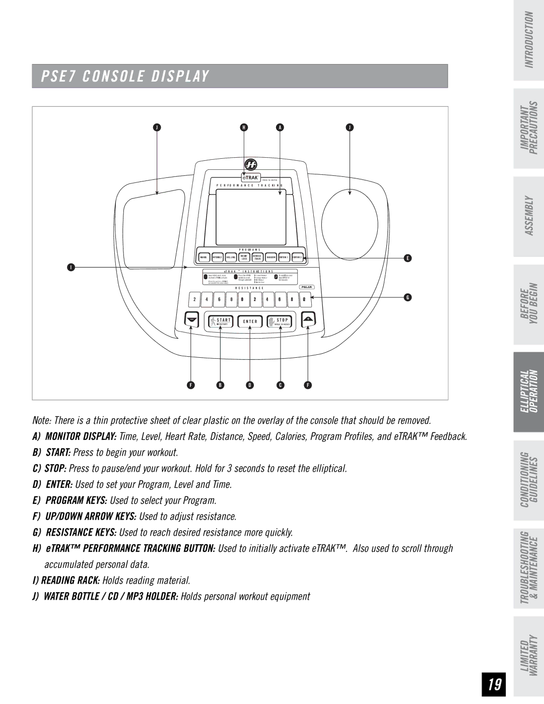 Horizon Fitness manual PSE7 Console Display 