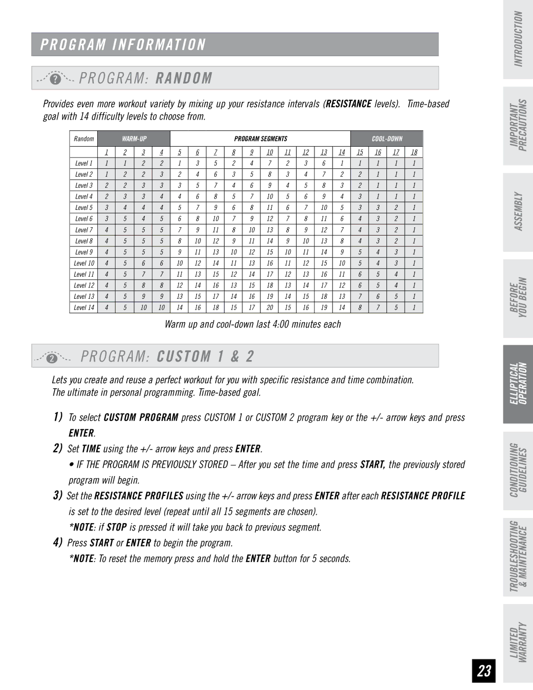 Horizon Fitness PSE7 manual O G R a M Random, O G R a M Custom 1 