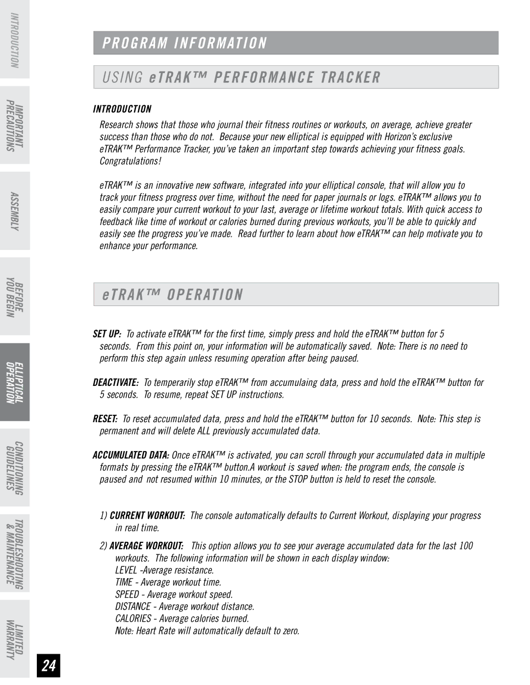 Horizon Fitness PSE7 manual Us i n g et r a k Performance tracker 