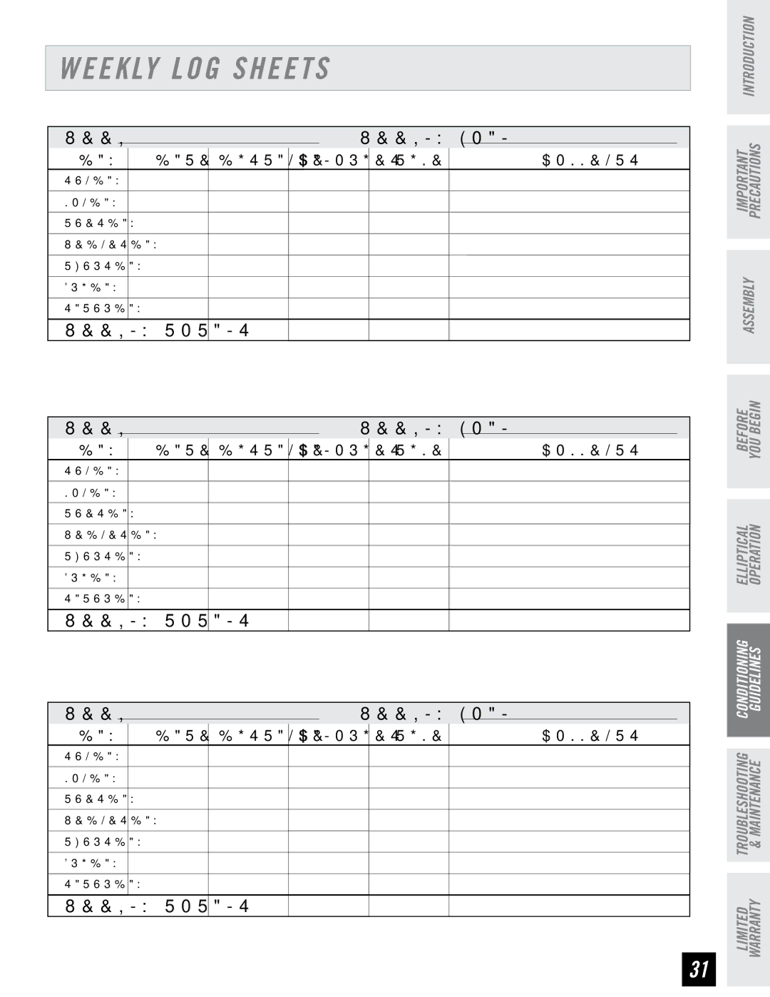 Horizon Fitness PSE7 manual Weekly LOG Sheets 